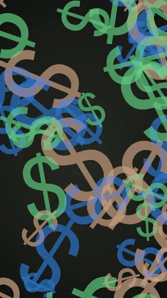 Wielokolorowe półprzezroczyste znaki dolara na ciemnym tle. Zielone odcienie. ilustracja 3D — Zdjęcie stockowe