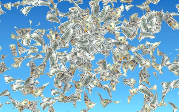 Flying dollars bankbiljetten geïsoleerd op een blauwe achtergrond. Geld vliegt in de lucht. 100 Amerikaanse bankbiljetten nieuwe sample. 3D-illustratie — Stockfoto