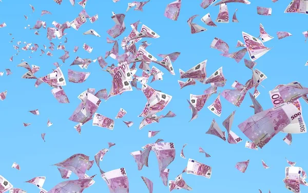 Летающие банкноты евро на фоне неба. Деньги летят в воздухе. 500 евро в цвете. 3D иллюстрация — стоковое фото