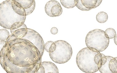Bitcoin ekonomik mali balonu. kripto para birimi 3d illüstrasyon. İş konsepti. Beyaz arka planda altın kabarcıklar. Bit, Sikke, madencilik kavramı