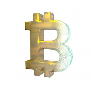 Bitcoin işareti, yeşil şebeke beyaz arka planda altına dönüşür. 3B illüstrasyon