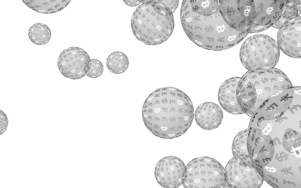Burbuja financiera económica Bitcoin. criptomoneda ilustración 3D. Concepto de negocio. Burbujas de plata sobre fondo blanco. Bit, Moneda, concepto minero —  Fotos de Stock