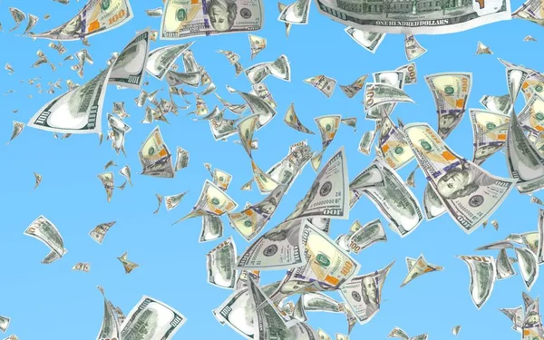 Flying dollars bankbiljetten geïsoleerd op een blauwe achtergrond. Geld vliegt in de lucht. 100 Amerikaanse bankbiljetten nieuwe sample. 3D-illustratie — Stockfoto