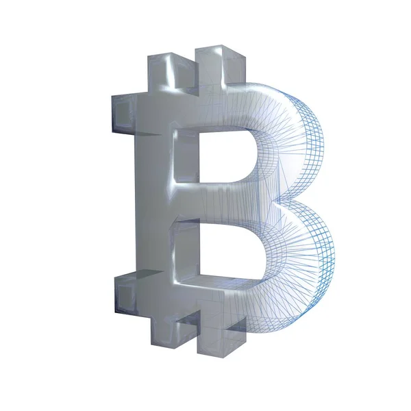Bitcoin signe, platine ou argent se transforme en une grille bleue sur un fond blanc. Illustration 3D — Photo