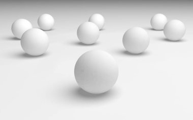 Beyaz soyut arka plan. Beyaz toplar beyaz arka planda izole edilmiş. 3B illüstrasyon