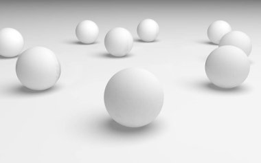 Beyaz soyut arka plan. Beyaz toplar beyaz arka planda izole edilmiş. 3B illüstrasyon