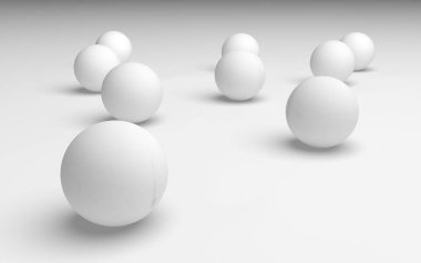 Beyaz soyut arka plan. Beyaz toplar beyaz arka planda izole edilmiş. 3B illüstrasyon