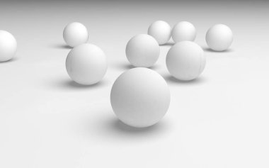 Beyaz soyut arka plan. Beyaz toplar beyaz arka planda izole edilmiş. 3B illüstrasyon