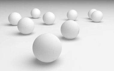 Beyaz soyut arka plan. Beyaz toplar beyaz arka planda izole edilmiş. 3B illüstrasyon