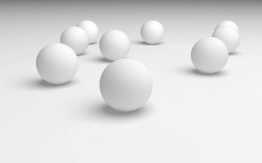 Beyaz soyut arka plan. Beyaz toplar beyaz arka planda izole edilmiş. 3B illüstrasyon