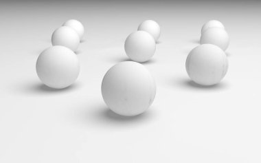 Beyaz soyut arka plan. Beyaz toplar beyaz arka planda izole edilmiş. 3B illüstrasyon