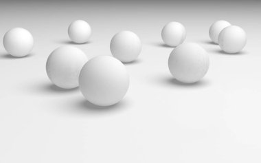 Beyaz soyut arka plan. Beyaz toplar beyaz arka planda izole edilmiş. 3B illüstrasyon