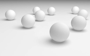 Beyaz soyut arka plan. Beyaz toplar beyaz arka planda izole edilmiş. 3B illüstrasyon