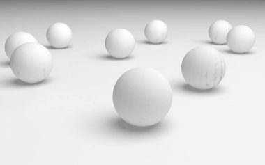 Beyaz soyut arka plan. Beyaz toplar beyaz arka planda izole edilmiş. 3B illüstrasyon