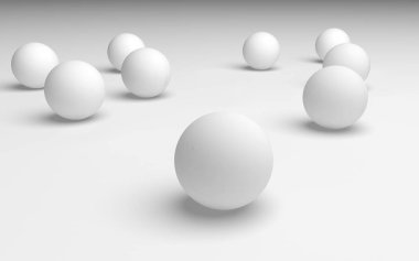 Beyaz soyut arka plan. Beyaz toplar beyaz arka planda izole edilmiş. 3B illüstrasyon
