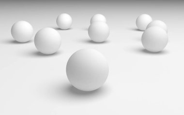 Beyaz soyut arka plan. Beyaz toplar beyaz arka planda izole edilmiş. 3B illüstrasyon