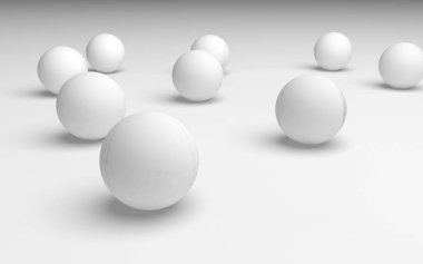 Beyaz soyut arka plan. Beyaz toplar beyaz arka planda izole edilmiş. 3B illüstrasyon
