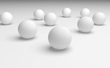 Beyaz soyut arka plan. Beyaz toplar beyaz arka planda izole edilmiş. 3B illüstrasyon