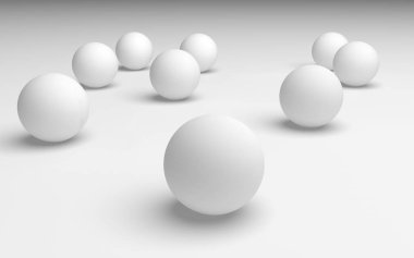 Beyaz soyut arka plan. Beyaz toplar beyaz arka planda izole edilmiş. 3B illüstrasyon