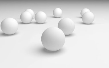 Beyaz soyut arka plan. Beyaz toplar beyaz arka planda izole edilmiş. 3B illüstrasyon
