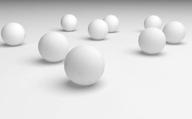 Beyaz soyut arka plan. Beyaz toplar beyaz arka planda izole edilmiş. 3B illüstrasyon