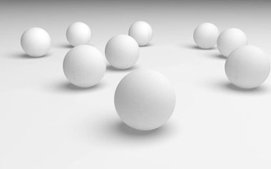Beyaz soyut arka plan. Beyaz toplar beyaz arka planda izole edilmiş. 3B illüstrasyon