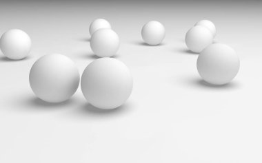 Beyaz soyut arka plan. Beyaz toplar beyaz arka planda izole edilmiş. 3B illüstrasyon