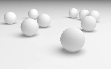 Beyaz soyut arka plan. Beyaz toplar beyaz arka planda izole edilmiş. 3B illüstrasyon