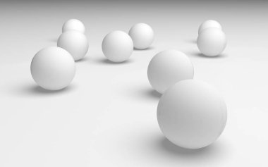 Beyaz soyut arka plan. Beyaz toplar beyaz arka planda izole edilmiş. 3B illüstrasyon