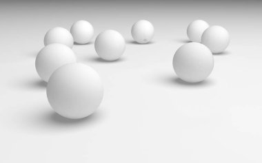 Beyaz soyut arka plan. Beyaz toplar beyaz arka planda izole edilmiş. 3B illüstrasyon
