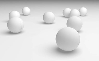 Beyaz soyut arka plan. Beyaz toplar beyaz arka planda izole edilmiş. 3B illüstrasyon