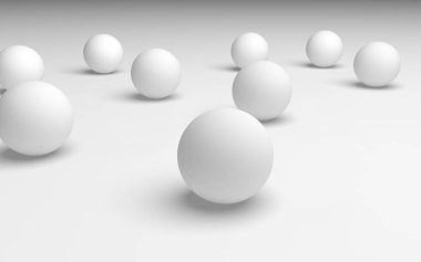 Beyaz soyut arka plan. Beyaz toplar beyaz arka planda izole edilmiş. 3B illüstrasyon