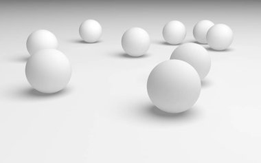Beyaz soyut arka plan. Beyaz toplar beyaz arka planda izole edilmiş. 3B illüstrasyon