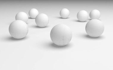 Beyaz soyut arka plan. Beyaz toplar beyaz arka planda izole edilmiş. 3B illüstrasyon