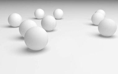 Beyaz soyut arka plan. Beyaz toplar beyaz arka planda izole edilmiş. 3B illüstrasyon