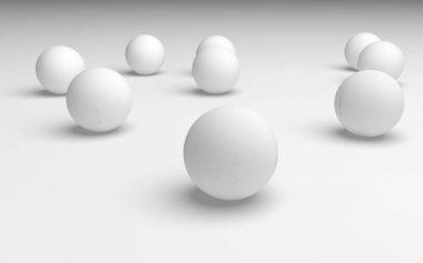 Beyaz soyut arka plan. Beyaz toplar beyaz arka planda izole edilmiş. 3B illüstrasyon