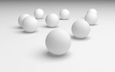 Beyaz soyut arka plan. Beyaz toplar beyaz arka planda izole edilmiş. 3B illüstrasyon
