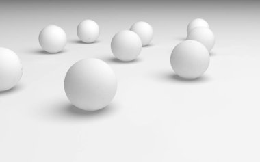 Beyaz soyut arka plan. Beyaz toplar beyaz arka planda izole edilmiş. 3B illüstrasyon