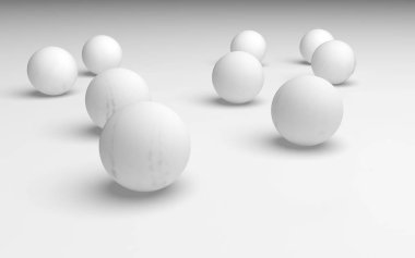 Beyaz soyut arka plan. Beyaz toplar beyaz arka planda izole edilmiş. 3B illüstrasyon