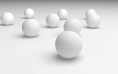 Beyaz soyut arka plan. Beyaz toplar beyaz arka planda izole edilmiş. 3B illüstrasyon