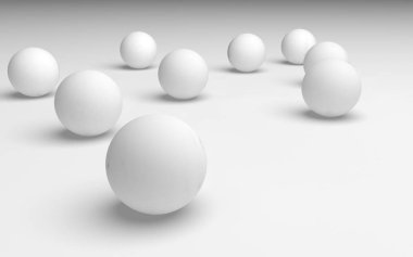 Beyaz soyut arka plan. Beyaz toplar beyaz arka planda izole edilmiş. 3B illüstrasyon