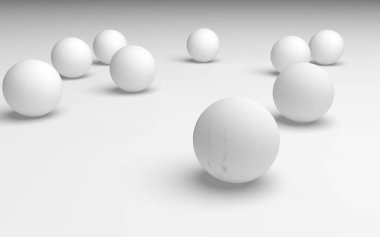 Beyaz soyut arka plan. Beyaz toplar beyaz arka planda izole edilmiş. 3B illüstrasyon