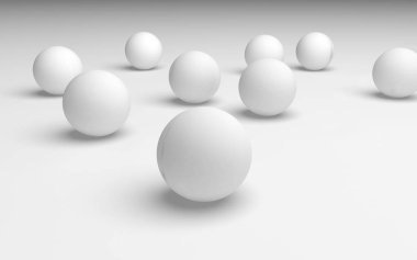 Beyaz soyut arka plan. Beyaz toplar beyaz arka planda izole edilmiş. 3B illüstrasyon