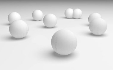 Beyaz soyut arka plan. Beyaz toplar beyaz arka planda izole edilmiş. 3B illüstrasyon