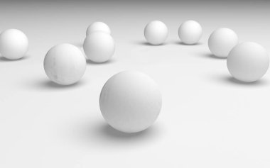 Beyaz soyut arka plan. Beyaz toplar beyaz arka planda izole edilmiş. 3B illüstrasyon