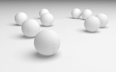 Beyaz soyut arka plan. Beyaz toplar beyaz arka planda izole edilmiş. 3B illüstrasyon