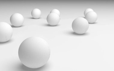 Beyaz soyut arka plan. Beyaz toplar beyaz arka planda izole edilmiş. 3B illüstrasyon