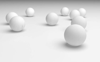Beyaz soyut arka plan. Beyaz toplar beyaz arka planda izole edilmiş. 3B illüstrasyon