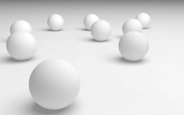 Beyaz soyut arka plan. Beyaz toplar beyaz arka planda izole edilmiş. 3B illüstrasyon