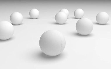 Beyaz soyut arka plan. Beyaz toplar beyaz arka planda izole edilmiş. 3B illüstrasyon